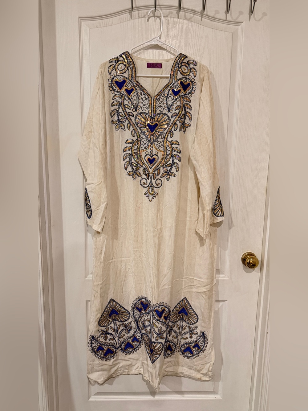 AB Classic Inidan Cream Maxi Dress with Blue and Gold Embroidery